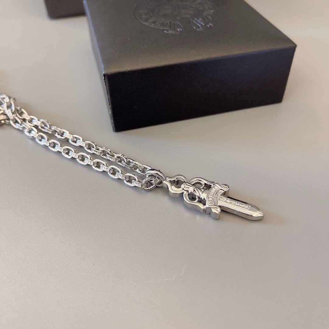Chrome Hearts Silver Chain with Green Sword Pendant